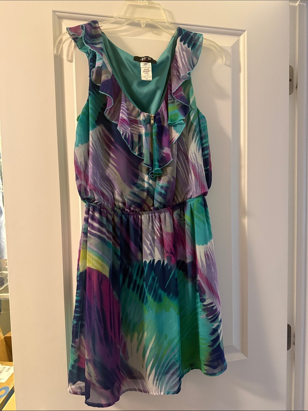 Sleeveless Ruffled V-Neck Mini Dress in Teal & Purple